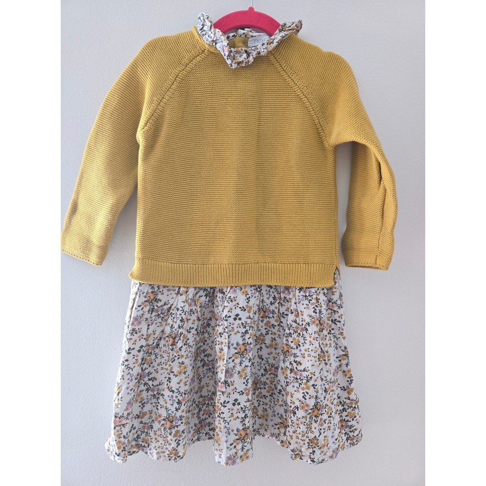 Next Kids Mustard Yellow Knit Sweater Floral Dress 2-in-1 Girls Size 2-3 Years